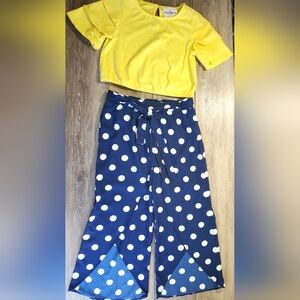 Rare Editions 2 Piece Dressy Pants Set Yellow Top and Navy Polka Dot Size 6X